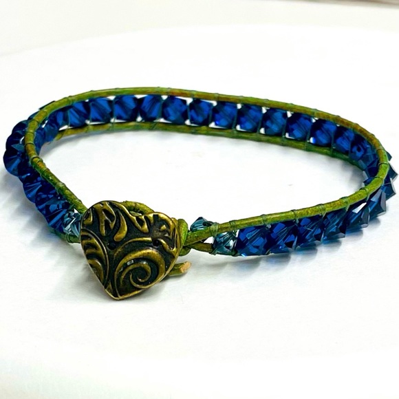 Jewelry Swarovski Blue Bicone Green Leather Wrap Bracelet Poshmark